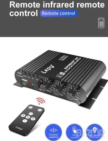 Аудио усилвател за тонколони и бас, стерео аудио система, Bluetooth, USB, домашен, автомобилен, AUX, снимка 9 - Тонколони - 50980023