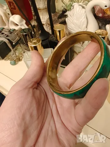 Масивна руска гривна месинг и естествен малахит, снимка 3 - Гривни - 49743936