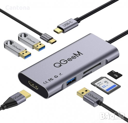 QGeeM USB C Hub 7 в 1 USB C, 4K HDMI ,PD 100 W , 3 Х​ USB 3.0 порта, SD/TF четец на карти