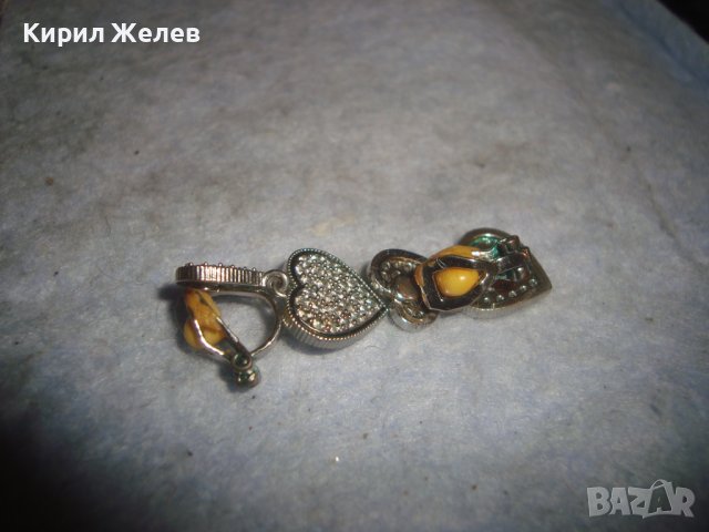 СТАРИ МЕДНИ ПОСРЕБРЕНИ РЕТРО АР НУВО РЕТРО КЛИПС ОБЕЦИ - СЪРЧИЦА с ФАСЕТИРАНИ ЦИРКОНЧЕТА 27658, снимка 6 - Антикварни и старинни предмети - 37722155