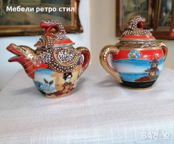 Японски комплект захарница и каничка за чай Satsuma. С богато рисувана релефна декорация. , снимка 3 - Декорация за дома - 51327811