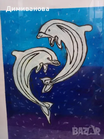 Делфини в рамка със стъкло 35х42, снимка 2 - Картини - 47708828