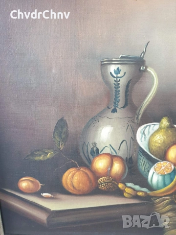 Rens 100х80см/стара голяма картина масло върху платно/натюрморт/маса-съдове-плодове/дървена рамка, снимка 4 - Картини - 51846103