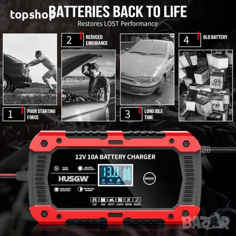 Чисто ново интелигентно зарядно за акумулатор Husgw 12V 10A (с LCD дисплей и пулсов ремонт) , снимка 5 - Аксесоари и консумативи - 55829030