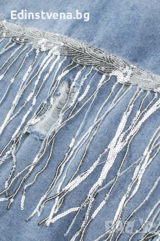 Дамско дънково яке в синьо с пайети и ефектни ресни, снимка 16 - Якета - 50791428