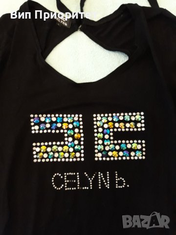Черна блуза с камъни маркова CELIN в. Много красива , ефектна, гол гръб, връзване зад врата , снимка 4 - Ризи - 37445087