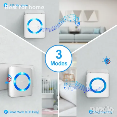 TECKNET Безжичен звънец, водоустойчив двоен стенен комплект безжичен звънец за врата с обхват 400 м, снимка 9 - Вентилатори - 48358125