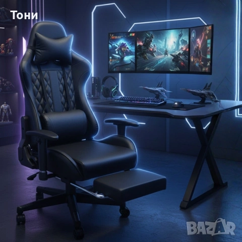 Геймърски стол с прибираща се подложка за крака и функция за масаж - черен, снимка 2 - Столове - 53239992