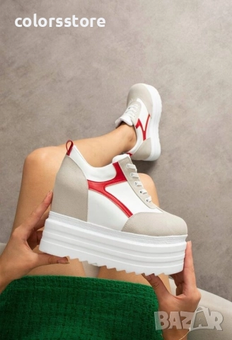 Кецове на платформа - бяло, сиво и червено - SJN80 , снимка 2 - Кецове - 52805533
