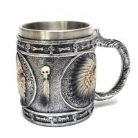 Код 95623 Стилна чаша от полирезин и метал с релефни декорации - череп на индианец, снимка 3 - Чаши - 37044186