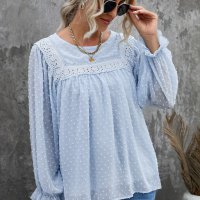 Дамска елегантна блуза в светлосиньо с принт на точки, снимка 1 - Блузи с дълъг ръкав и пуловери - 40148782