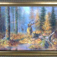 Есенен пейзаж с благороден елен и кошути, картина, снимка 1 - Картини - 29121612