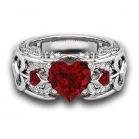 Масивен посребрен пръстен с червен сапфир сърце, снимка 2 - Пръстени - 31616294