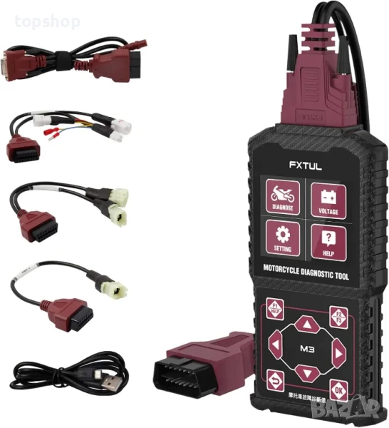 Нов, пълен комплект FXTUL M3-C диагностика на мотоциклети OBD2 скенер, съвместим с Yamaha, Honda..., снимка 1