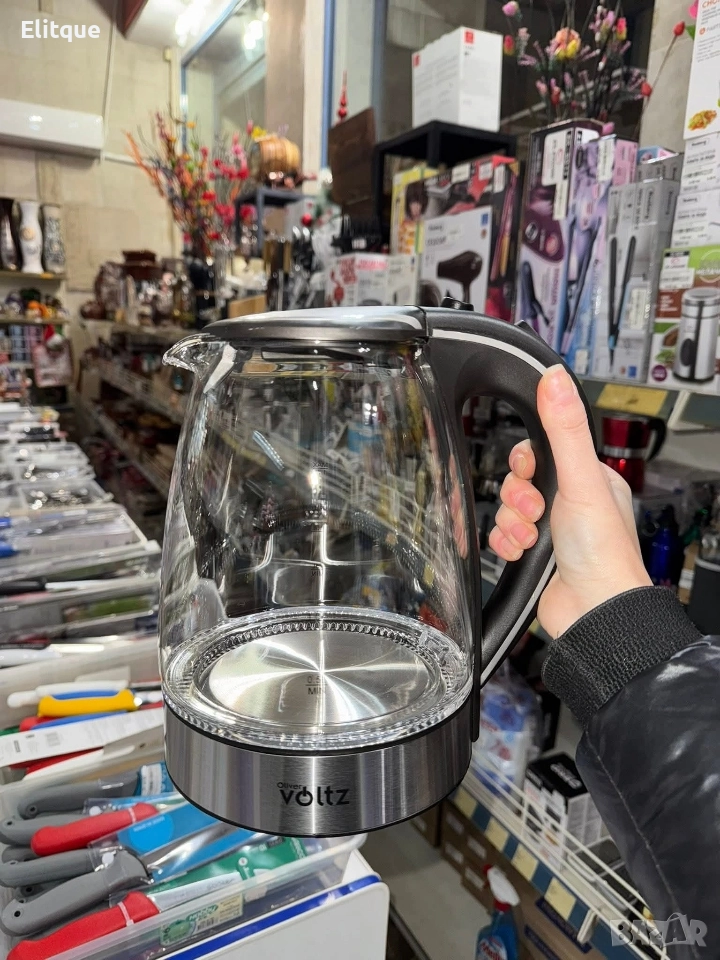 Светеща електрическа кана Voltz, 2200W, 1.7 литра, стъкло, безжична, 2 ГОДИНИ ГАРАНЦИЯ, снимка 1