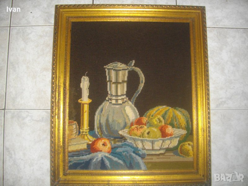 Голям Немски Гоблен-615х525мм-Натюрморт-Плодове-DMC Конци-Ръчно Нашиван-Рамкиран, снимка 1