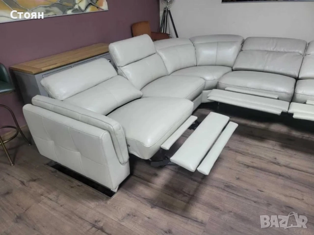 Кремав кожен ъглов диван с електрически релаксиращ механизъм, снимка 6 - Дивани и мека мебел - 51897102