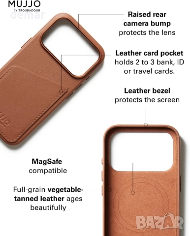 Кожен калъф-портфейл Mujjo за iPhone 17 Pro съвместим с MagSafe, кафяв, снимка 3 - Калъфи, кейсове - 51877241