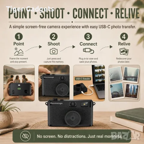 Maxmango D53 – Ретро цифров фотоапарат без екран, 4 филтъра и 8GB SD карта, снимка 8 - Фотоапарати - 56042740