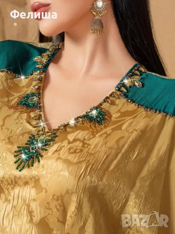 Лимитирана Арабска Жакард Златна Рокля с Инкрустирани Зелени Изумрудени Камъчета и Блестящи Мъниста, снимка 4 - Рокли - 51006223