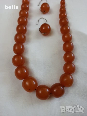 Стар руски  кехлибарен гердан с  кръгли,плътни зърна и обеци кехлибар и сребро ,50 грама, снимка 2 - Антикварни и старинни предмети - 50448762