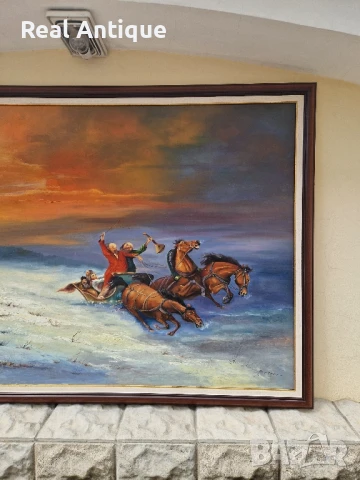 Огромна антикварна авторска майсторска картина масло върху платно , снимка 4 - Картини - 51272362