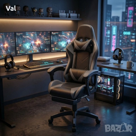 Геймърски стол с релакс механизъм, прибираща се поставка за крака и еко материал, снимка 3 - Столове - 53891679