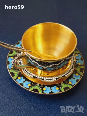 СССР-Руска сребърна(916) чаша с подложни чинии,сребро,емайл,позлата, снимка 1