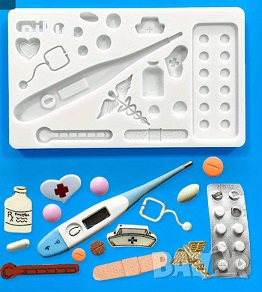 Голям медицински лекарски медицина хапчета термометър силиконов молд форма фондан шоколад гипс декор, снимка 4 - Форми - 44723741