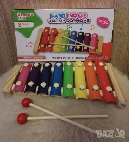 Детски дървен ксилофон с 8 цветни ноти и 2 чукчета