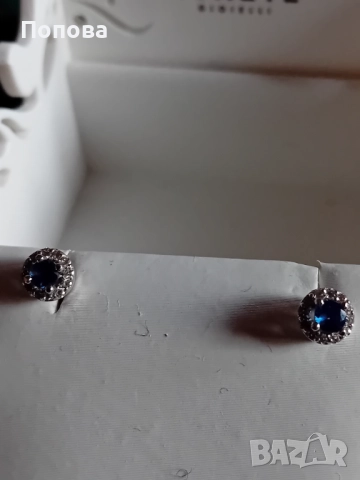 Златни обеци с естествени сапфири и диаманти /бяло злато/, снимка 5 - Обеци - 52791722