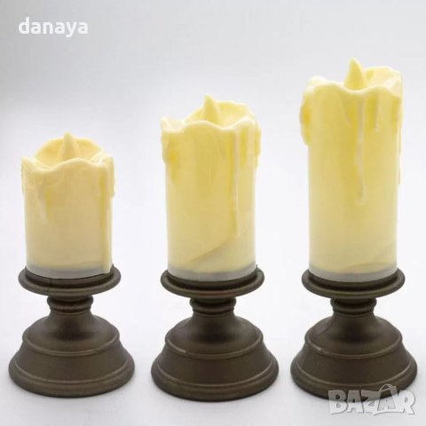 4169 Комплект реалистични електронни свещи на поставка, 3 броя, снимка 4 - Декорация за дома - 42788321
