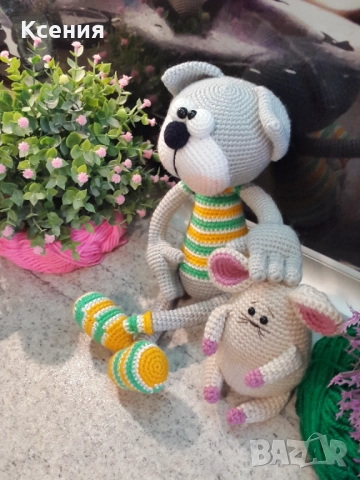 Котка+мишка, плетена, ръчно изработени,прекрасен подарък, снимка 6 - Плюшени играчки - 51977424