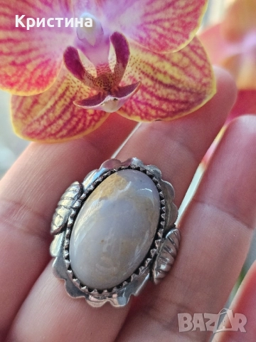 Старинен сребърен пръстен с Ахат, снимка 3 - Пръстени - 52378693