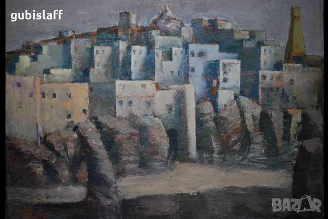 Стара огромна картина, градски пейзаж, Цв. Цветков,1982, снимка 11 - Картини - 31180718