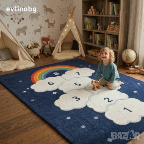 Детски килим "Небесно Приключение" 120х160см – Тъмносин с облачета и дъга, Противоплъзгащ и Миещ се