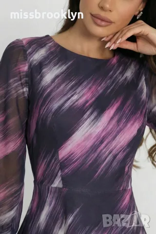 Рокля “Purple Wave Elegance” – разкроена рокля с ефектен принт и шифон ръкави арт.1517, снимка 2 - Рокли - 55821635