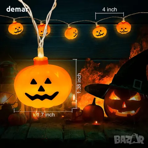 Хелоуин тиквени светлини, 10 LED декоративни лампи, работещи с батерии, 2 режима, снимка 2 - Декорация за дома - 48224307