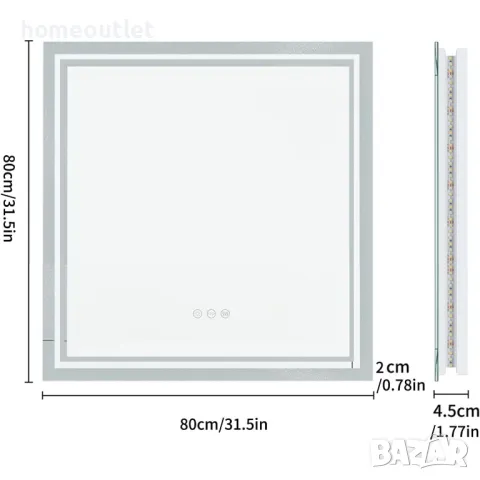 ПРОМОЦИЯ Стенно огледало с LED осветление и квадратна форма LUVODI XMR-Z18-816-EU, снимка 6 - Огледала - 49677263