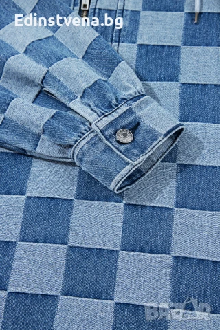 Дамски дънков суичър с качулка и шахматен десен, снимка 6 - Суичъри - 51261517