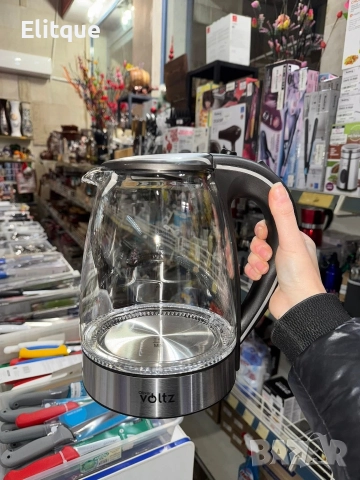 Светеща електрическа кана Voltz, 2200W, 1.7 литра, стъкло, безжична, 2 ГОДИНИ ГАРАНЦИЯ
