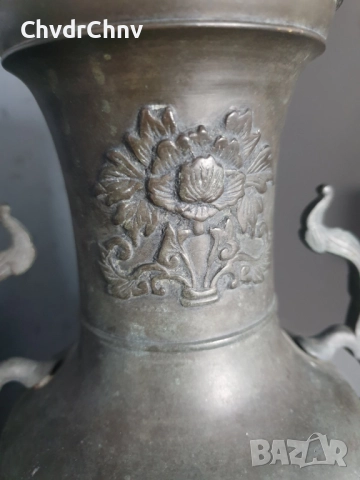 30см-3кг стара китайска бронзова ваза /фигурална/с птици и рози, снимка 4 - Антикварни и старинни предмети - 52550801