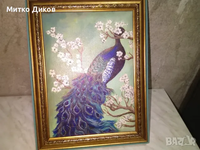 Картина Кралски Паун с инкрустирани кристалчета върху кожено платно нова 29х38см  и 217х302мм, снимка 7 - Картини - 48513408