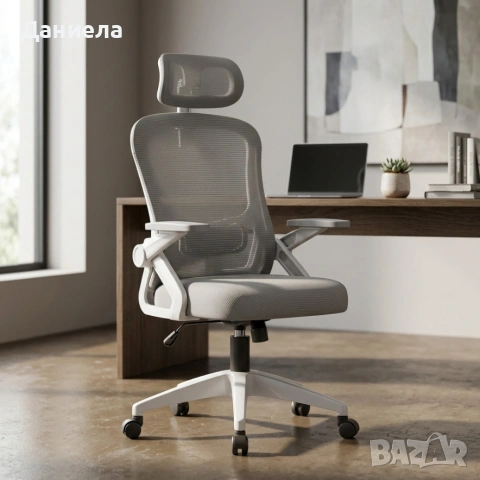 Ергономичен офис стол с регулируема лумбална опора и облегалка за глава