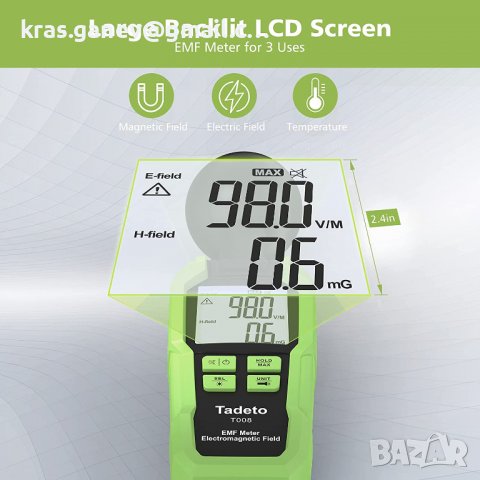 EMF Meter Tadeto EMF Meter с 3 чипа за 360° измерване LCD подсветка Голям екран EMF метър с факел, о, снимка 6 - Други - 37133715