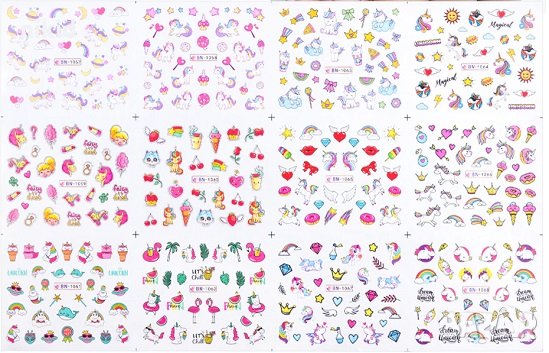 лист 12 в 1 Еднорог unicorn слайдер татос ваденки водни стикери нокти маникюр, снимка 2 - Продукти за маникюр - 30110959