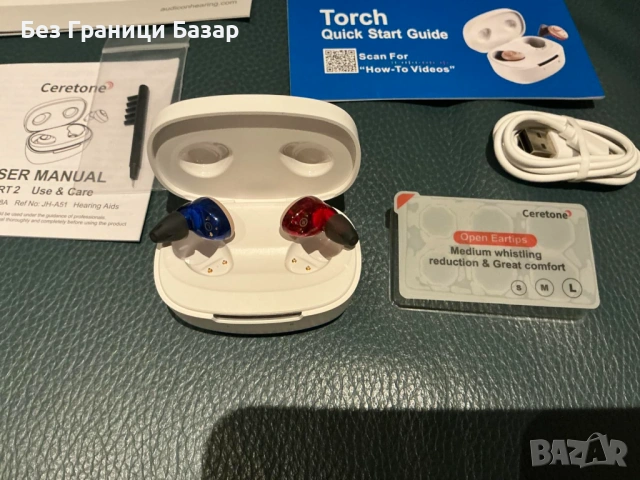 Нови Слухови апарати със зарядна кутия – 2 броя, open eartips S/M/L, снимка 2 - Други - 53375142