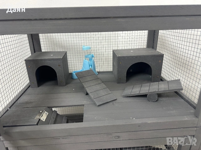 Дървена клетка за гризачи  на 4 нива с къщички, люлка, купички за храна, рампи и колелца PawHut, снимка 9 - За гризачи - 53208756