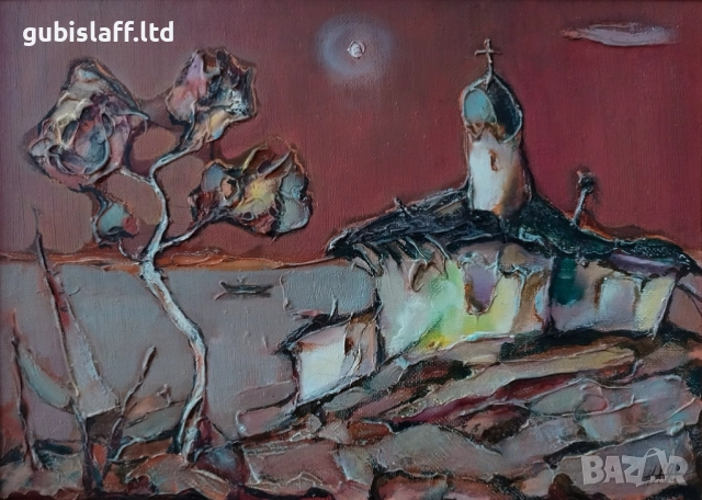 Картина, пейзаж, църква, море, худ. Н. Ханзъров, 1999 г., снимка 2 - Картини - 52218839