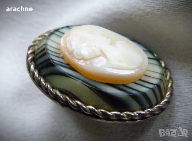 Брошка-камея,оникс,сребро,стъкло Бохемия,Чехословакия,30те, снимка 3 - Други - 48488528